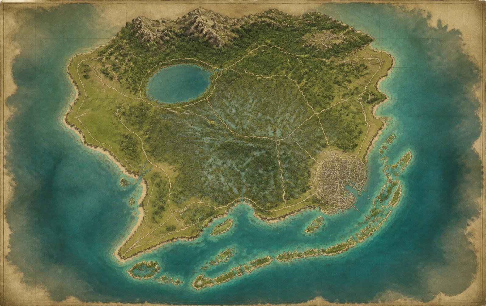Illustrated map of Leonida with its regions and islands
